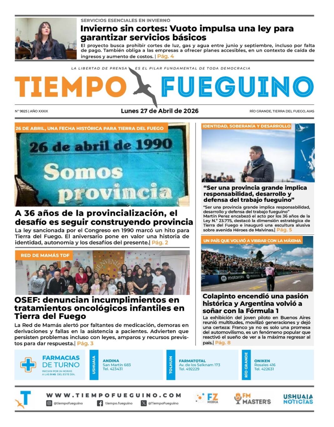 Portada del diario Tiempo Fueguino con datos de contacto y oficina comercial