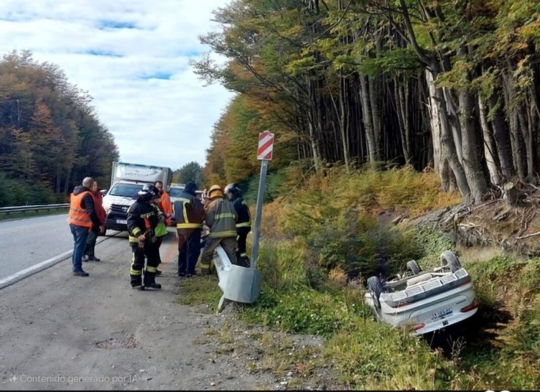 Vehículo volcado en la banquina de la Ruta Nacional 3, cerca de Laguna Turquesa, con servicios de emergencia en el lugar.