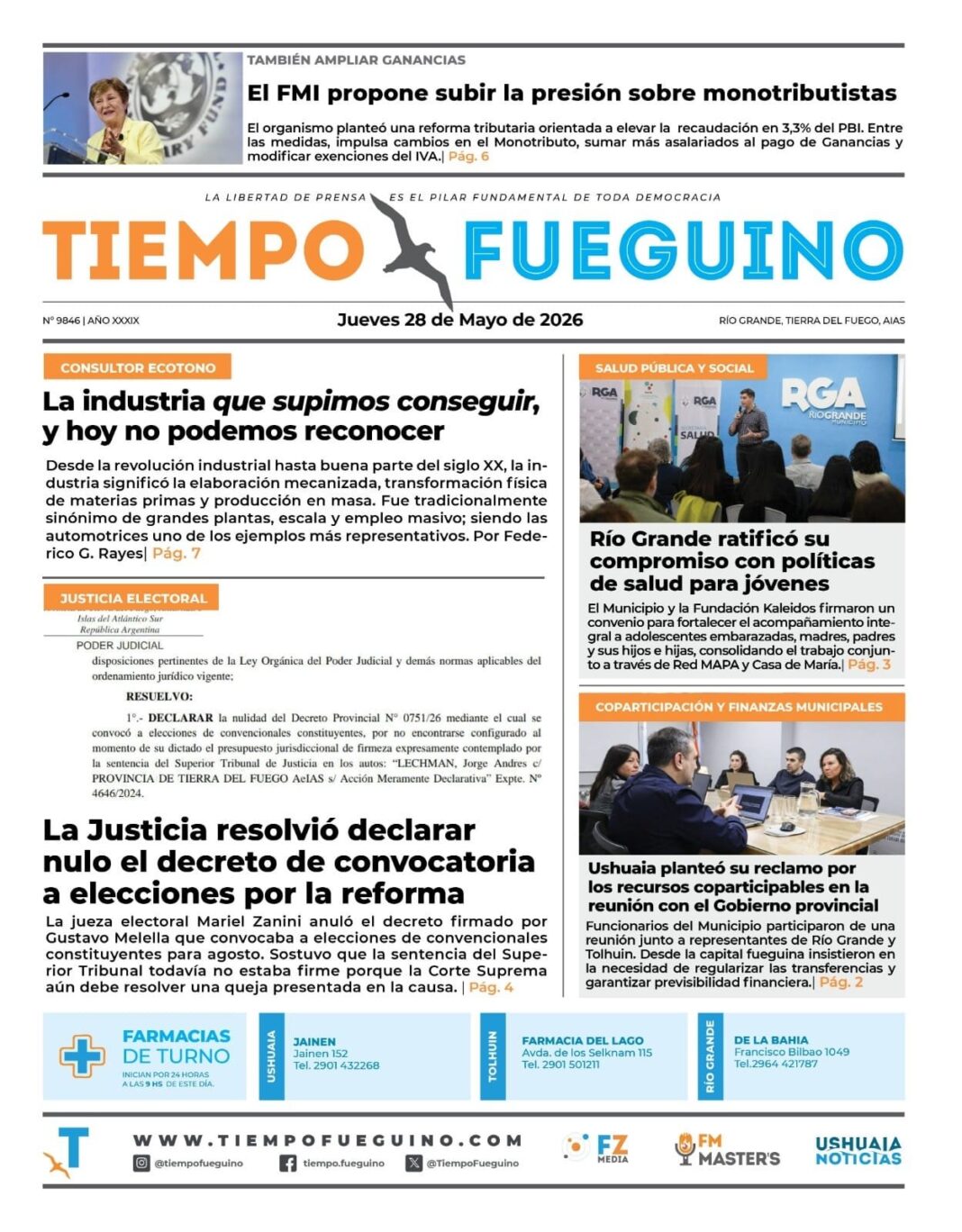 Portada del Diario Tiempo Fueguino del jueves 28 de mayo de 2026