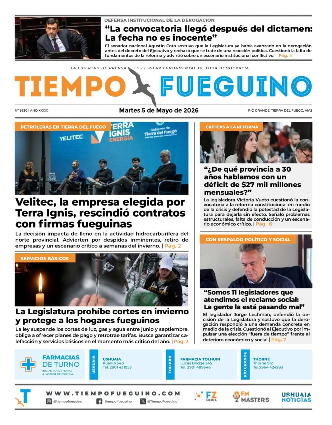 Portada del diario Tiempo Fueguino del martes 5 de mayo