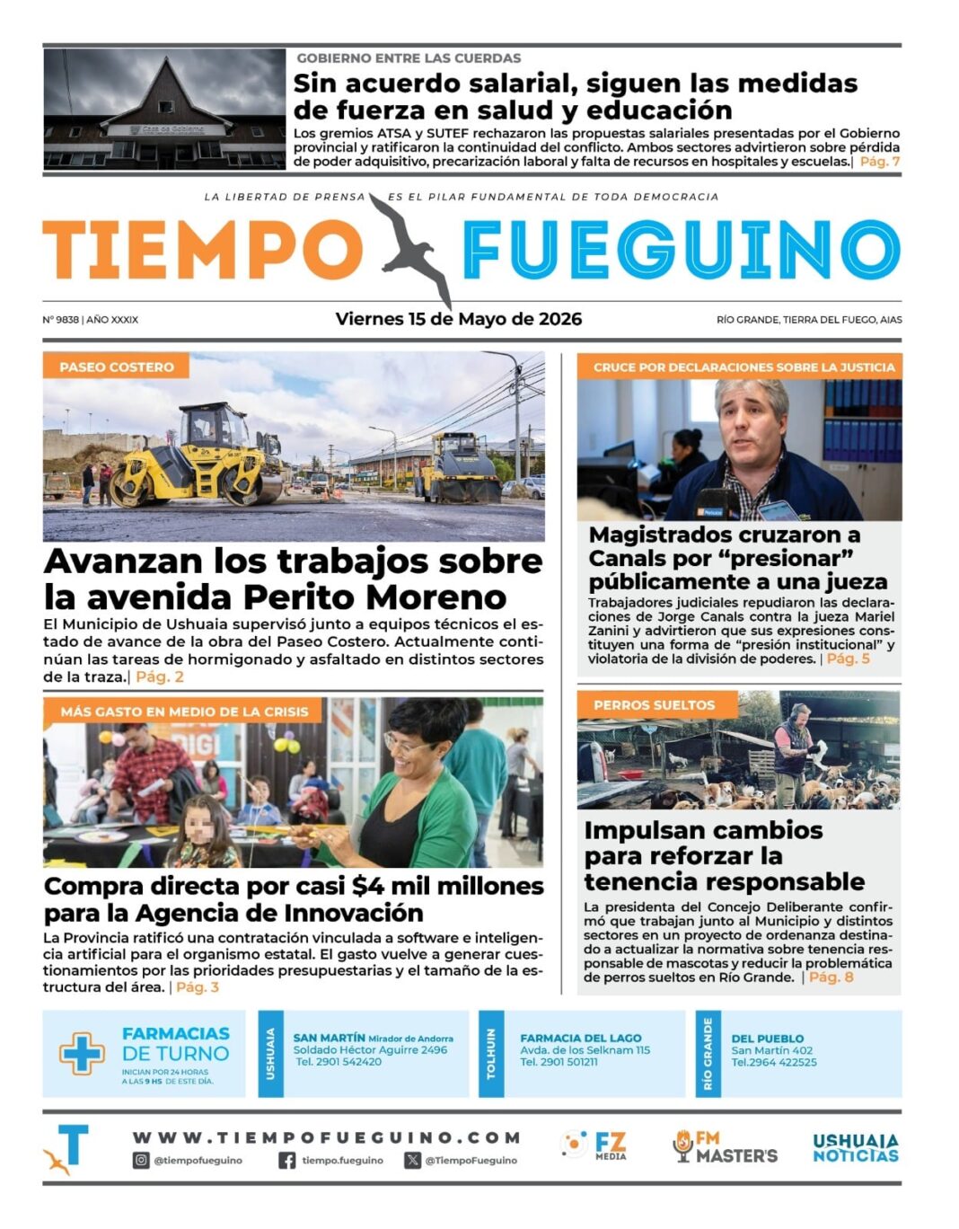 Portada del Diario Tiempo Fueguino del viernes 15 de mayo de 2026