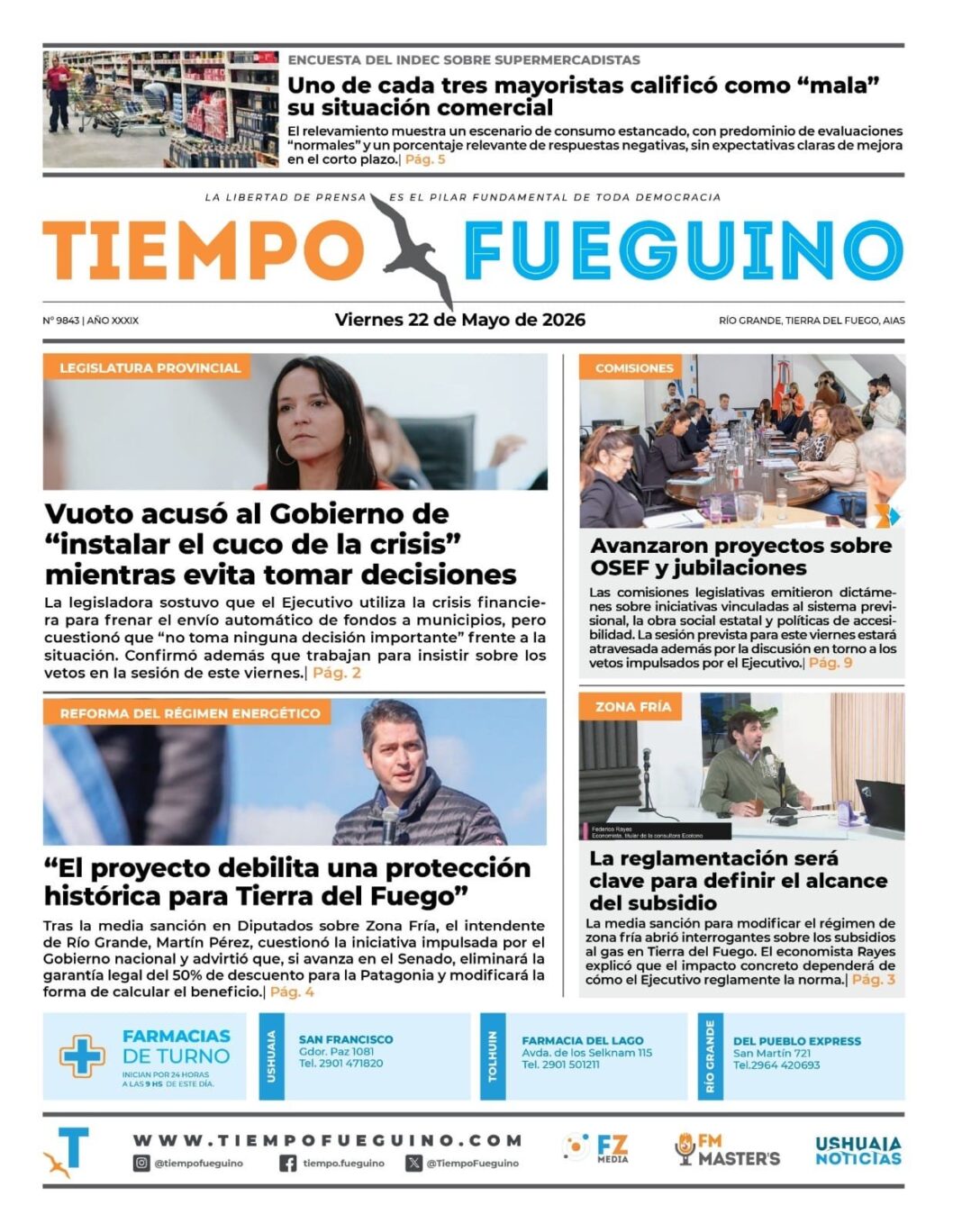 Portada del Diario Tiempo Fueguino del viernes 22 de mayo