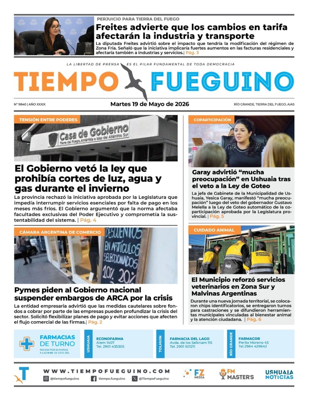Portada del Diario Tiempo Fueguino del martes 19 de mayo de 2026