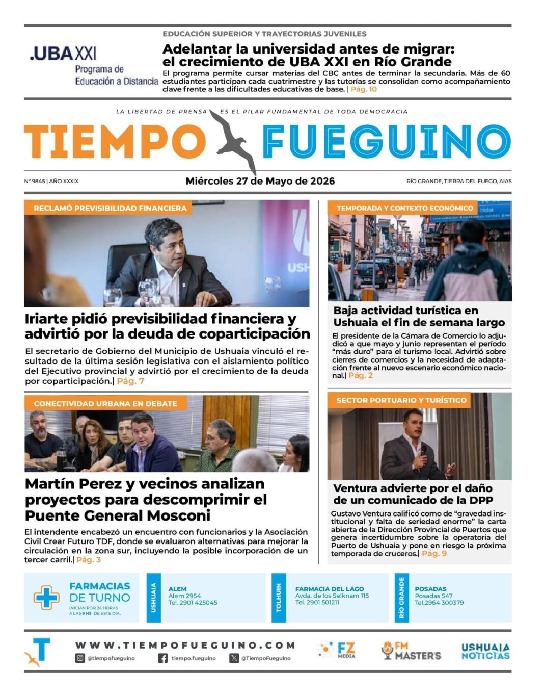 Portada del Diario Tiempo Fueguino del miércoles 27 de mayo de 2026