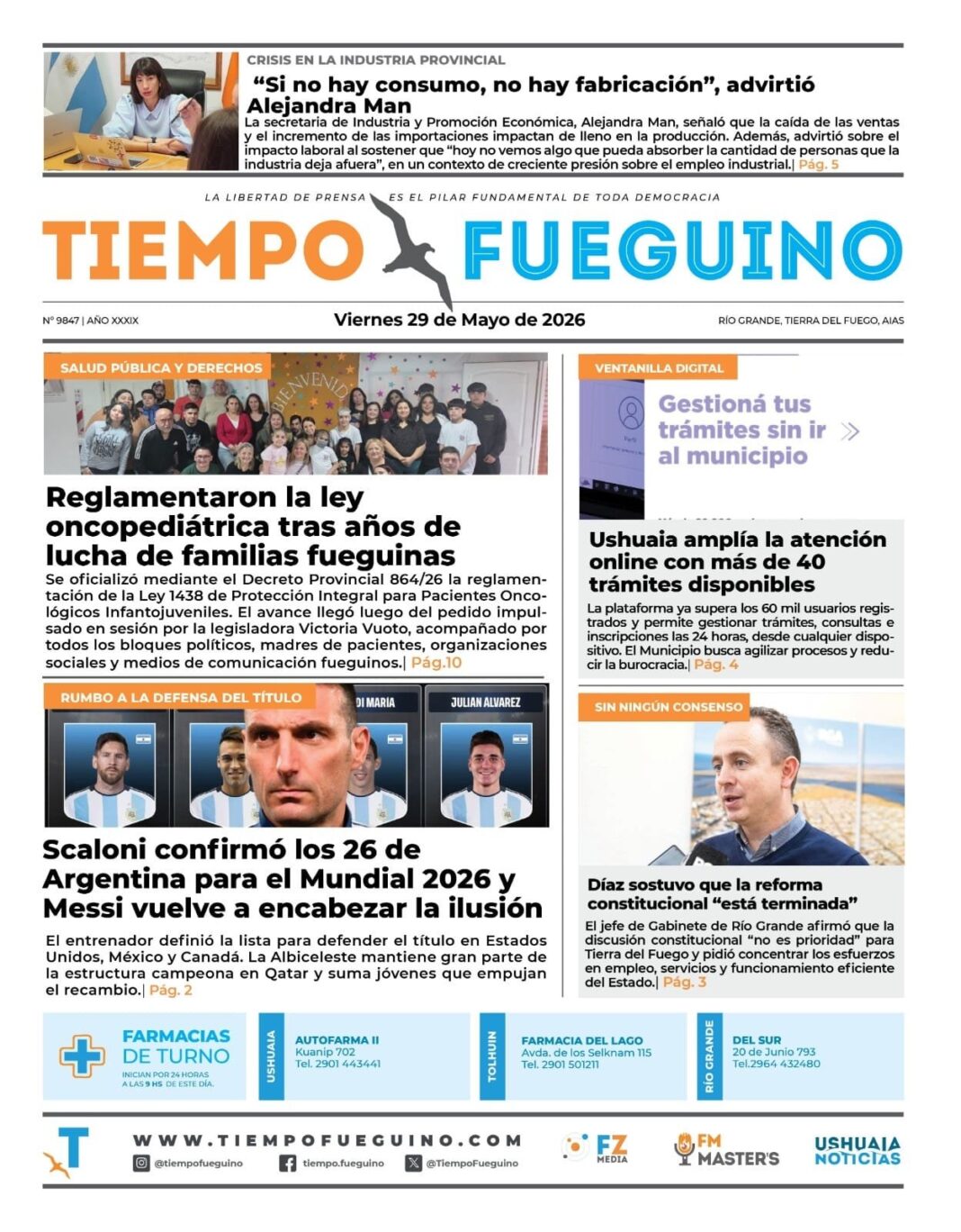 Portada del Diario Tiempo Fueguino del viernes 29 de mayo de 2026