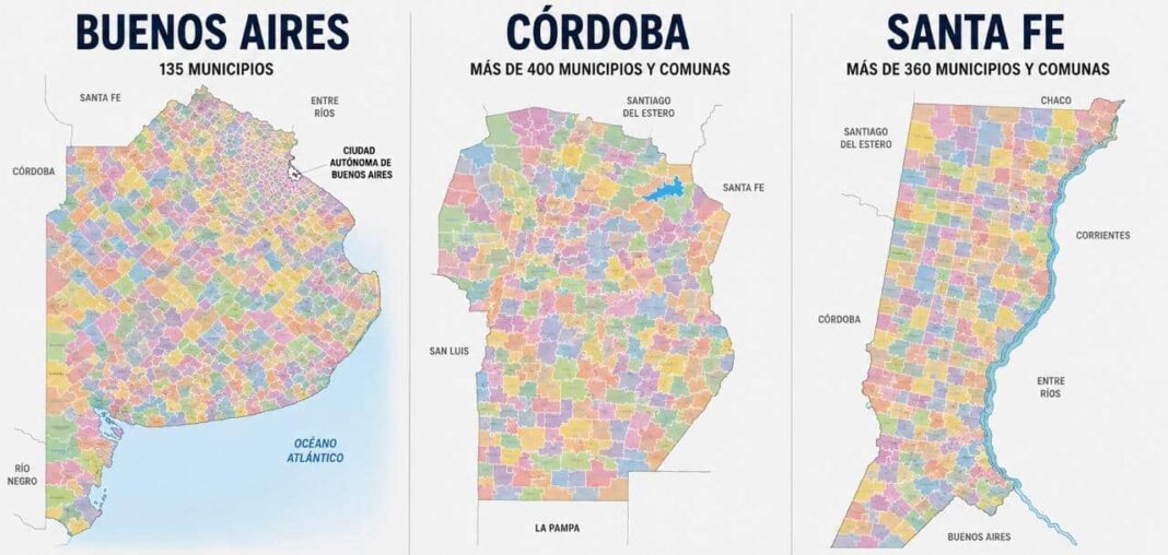 Mapa de Argentina con las provincias de Buenos Aires, Córdoba, Santa Fe y Tierra del Fuego destacadas