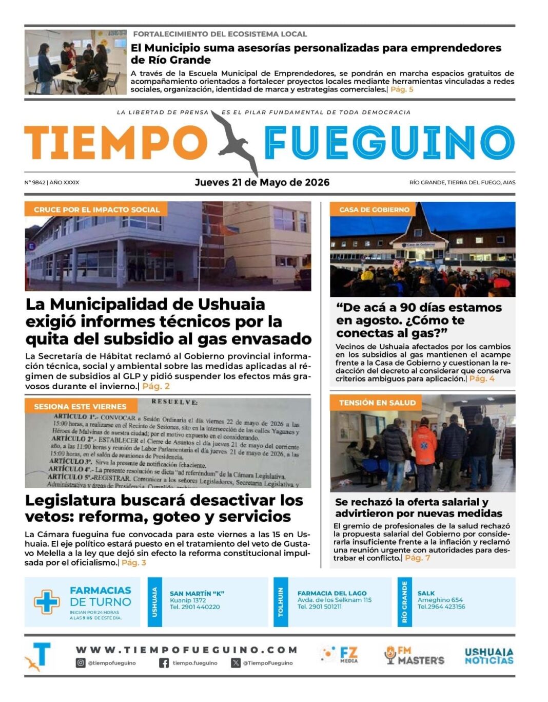 Portada del diario Tiempo Fueguino del jueves 21 de mayo de 2026