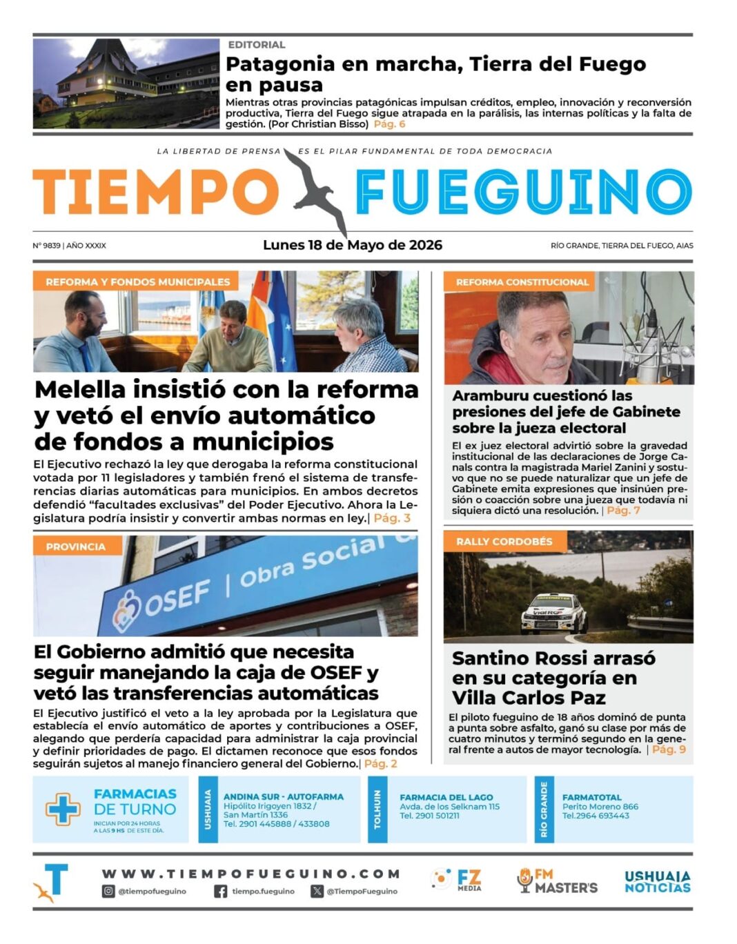 Portada del diario Tiempo Fueguino del lunes 18 de mayo de 2026