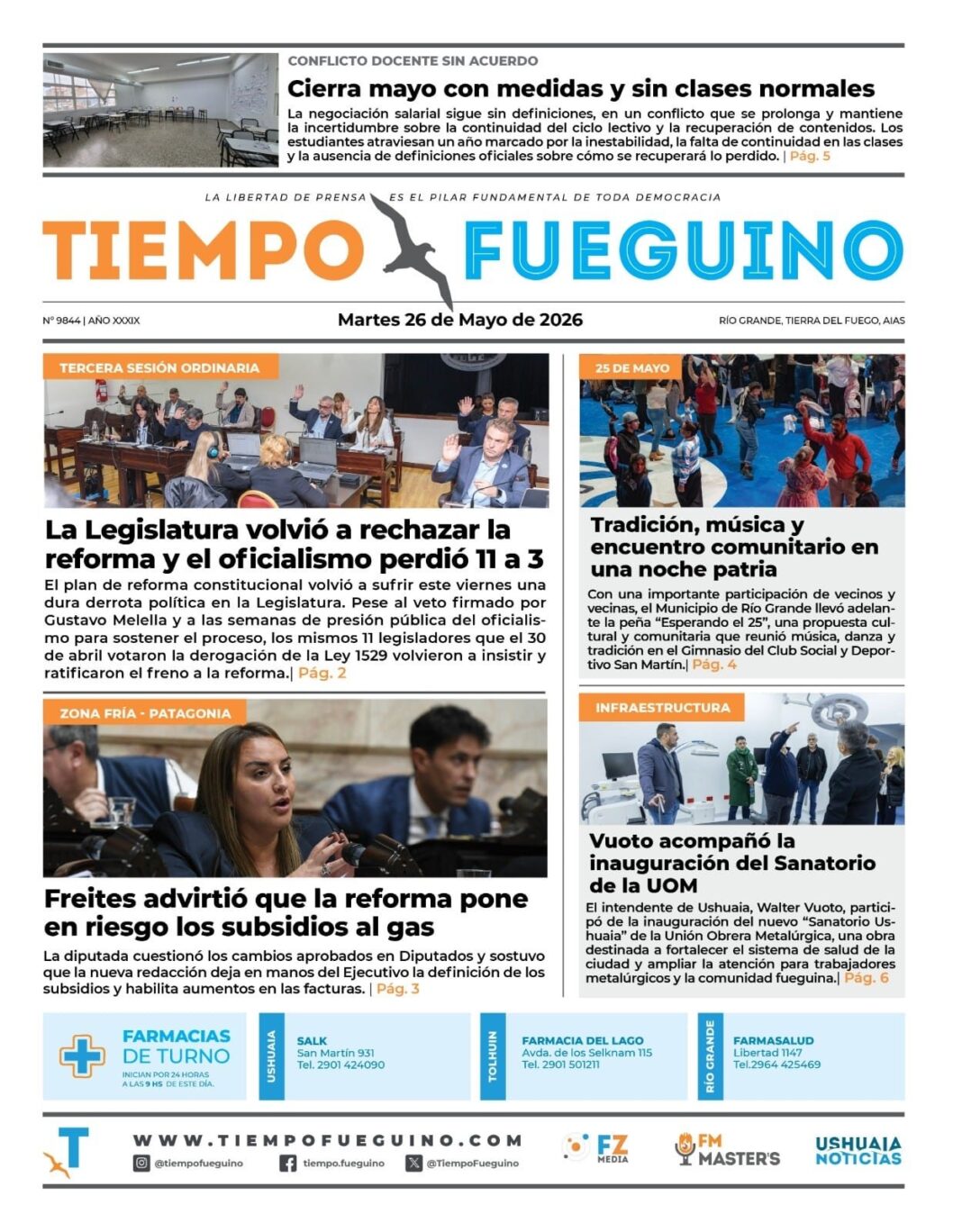 Portada del diario Tiempo Fueguino del martes 26 de mayo de 2026