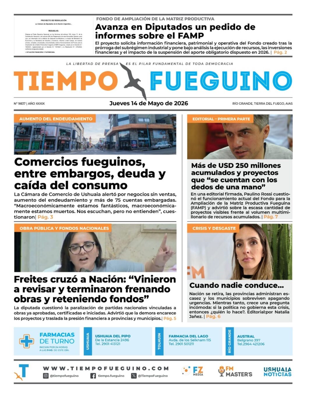 Portada del jueves 14 de mayo de Diario Tiempo Fueguino