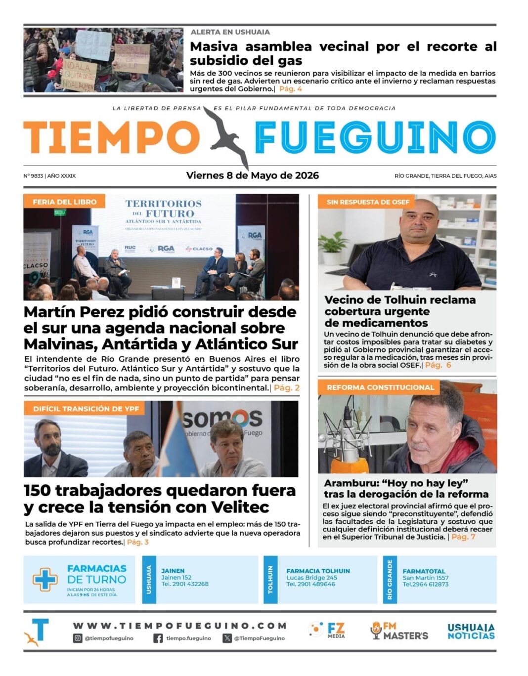 Portada del diario Tiempo Fueguino con datos de contacto
