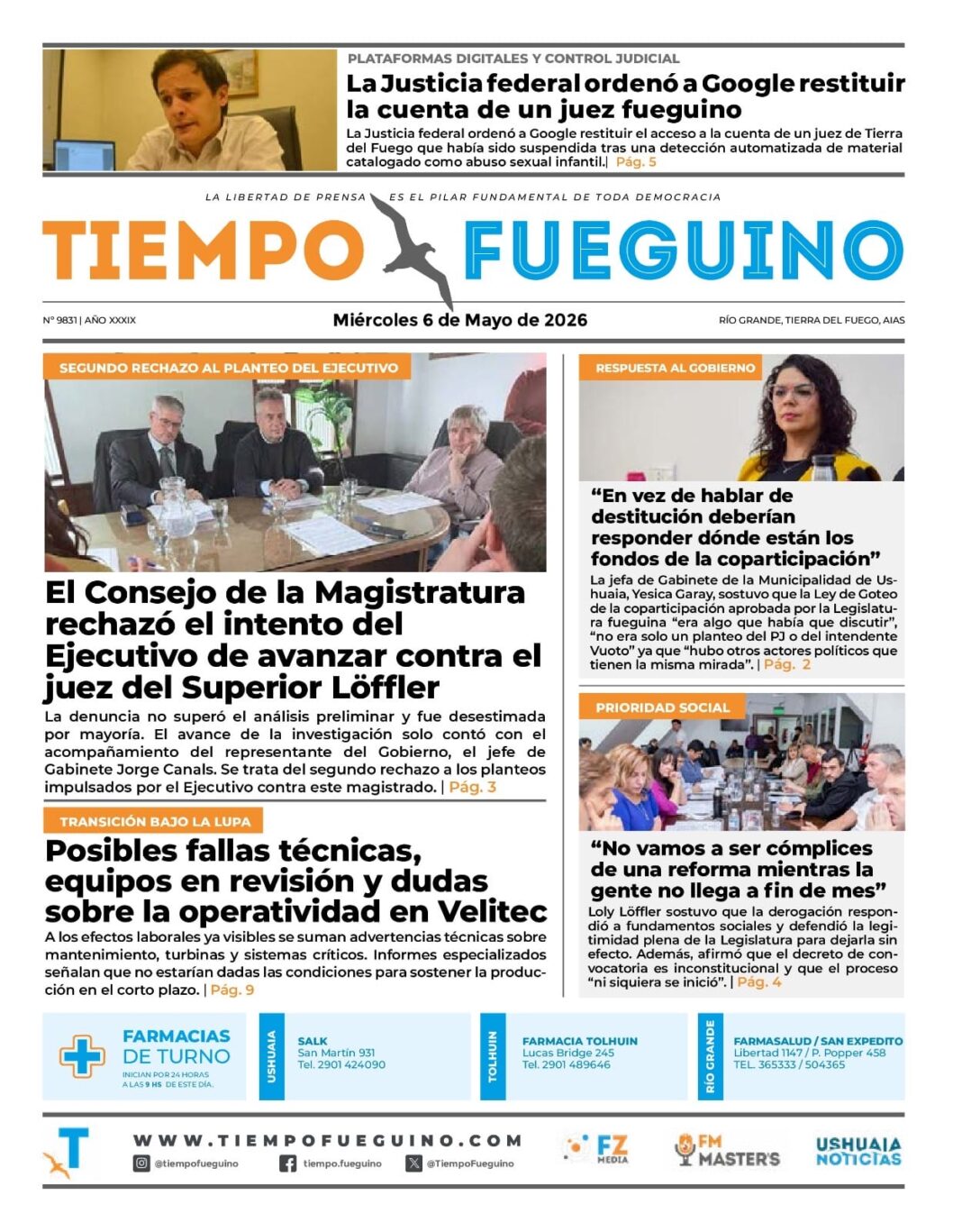Portada del diario Tiempo Fueguino con datos de contacto