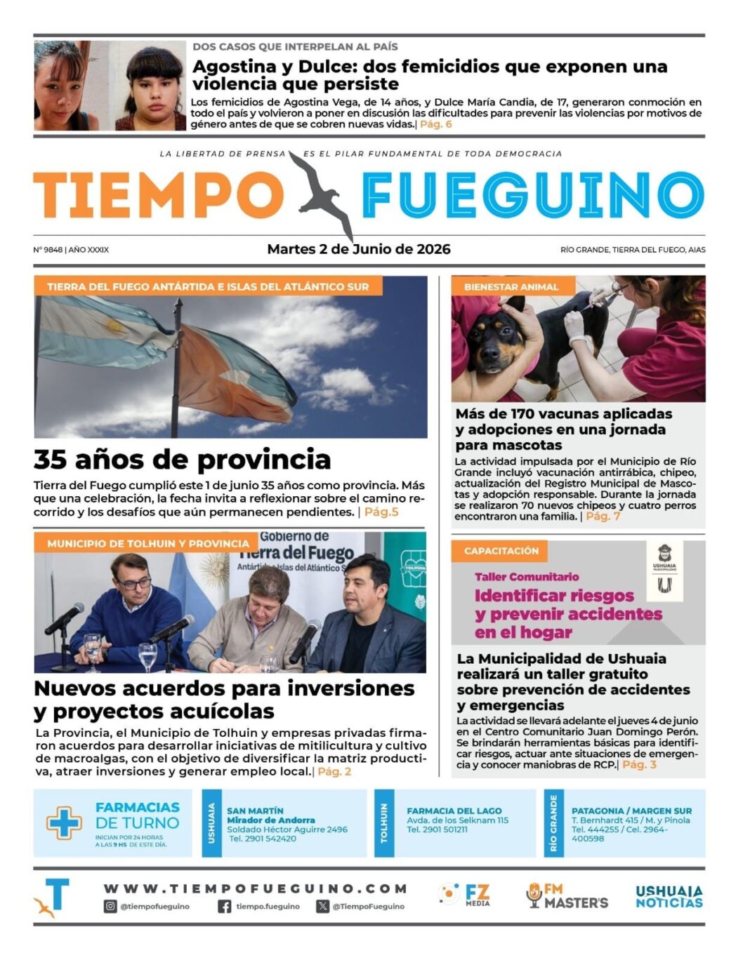 Portada del Diario Tiempo Fueguino del martes 2 de junio de 2026