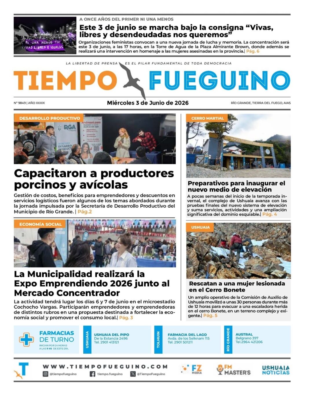 Portada del Diario Tiempo Fueguino del miércoles 3 de junio de 2026